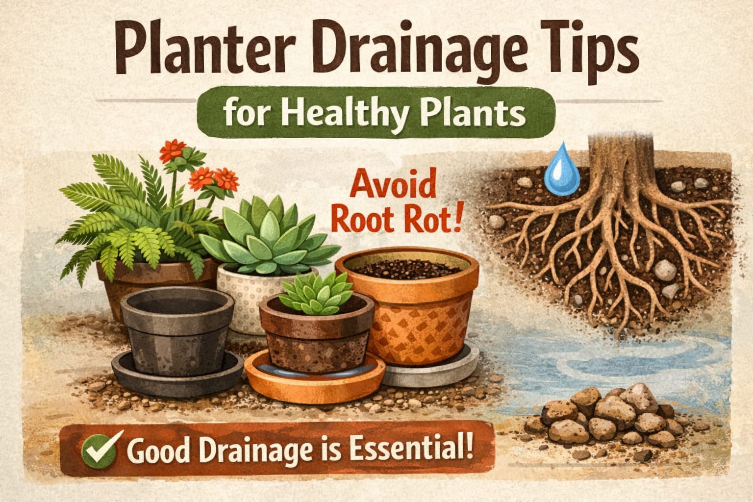 Planter with pebbles and visible roots showing good drainage to avoid root rot